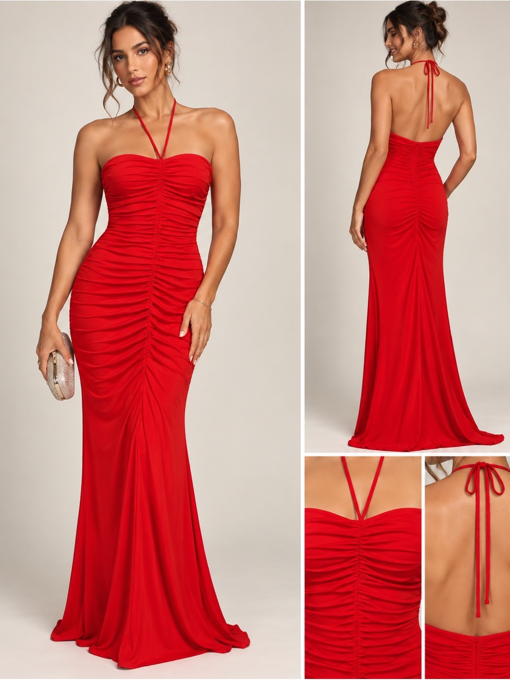 Pretty Nomad Red Ruched Halter Open Back Formal Maxi Dress S NWT